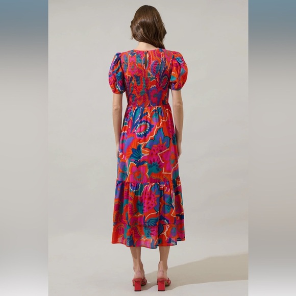 SugarLips Kahlia Tropics Aruba Smocked Midi Dress Orange Red Multi - Picture 3 of 7